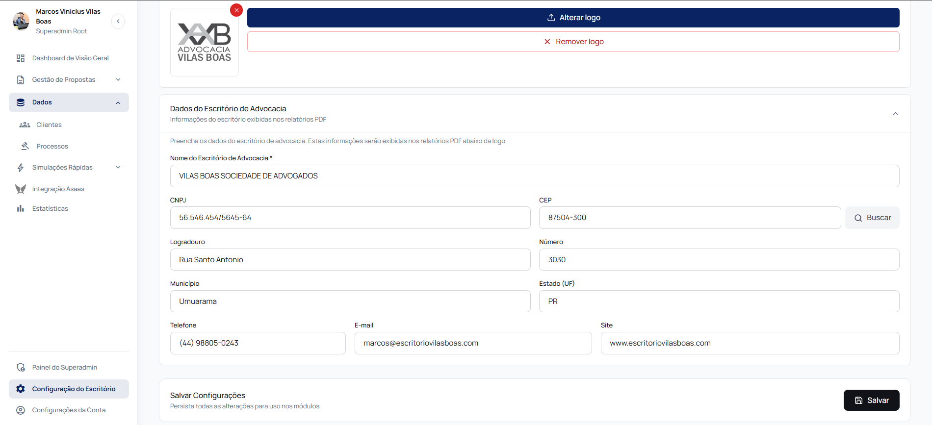 Customização de Identidade Visual do Escritório e Dados
